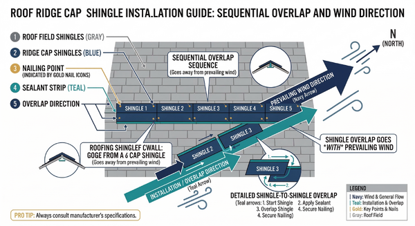 Diagram showing ridge cap shingle installation direction overlapping away from prevailing wind