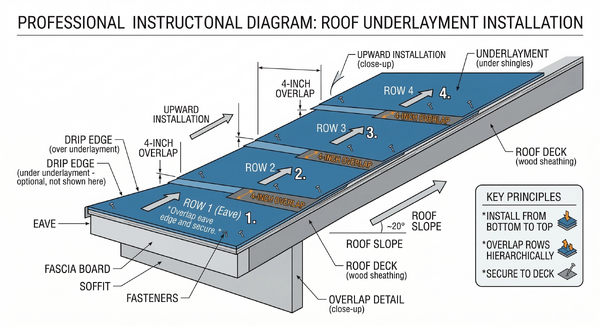 Diagram showing proper installation order and overlap direction for roof underlayment from eave to ridge