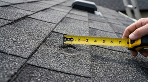 Ruler placed next to roof damage to provide scale reference in documentation photo