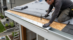 Drip edge metal flashing nailed along the eave of a roof before shingle installation