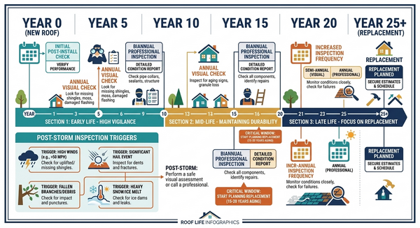 Timeline infographic showing recommended roof inspection frequency based on roof age and conditions