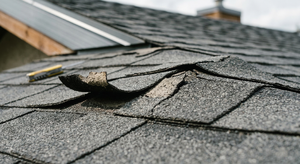 Close-up of curling and buckling asphalt shingles indicating roof aging
