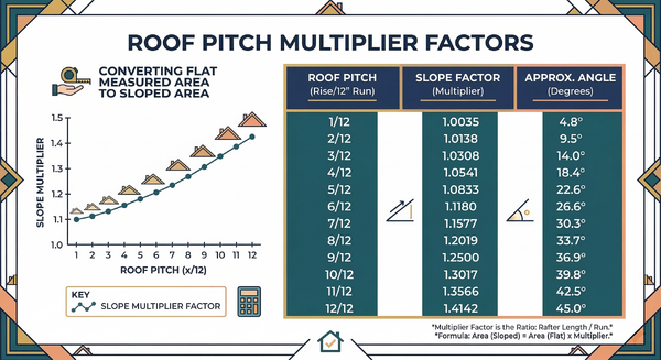 Table of pitch multiplier factors used to convert flat area to actual roof area