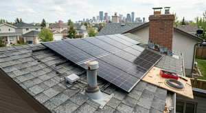 Solar panel array installed on an asphalt shingle residential roof showing standard grid-tie setup