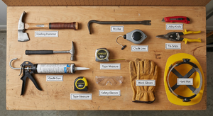 Complete DIY roofing toolkit laid out including hammer, pry bar, chalk line, utility knife, and caulk gun