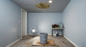 Bucket placed on floor catching water dripping from an active roof leak in the ceiling