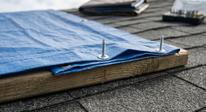 Close-up of 2x4 lumber used to anchor emergency roof tarp by wrapping and screwing through
