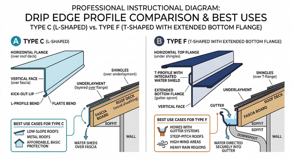 Comparison of Type C and Type F drip edge profiles showing different shapes and applications