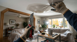 Ceiling bulging and sagging from trapped water above due to a roof leak requiring immediate drainage