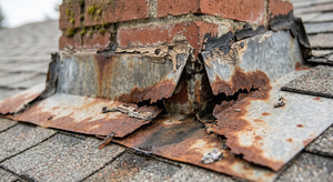 Deteriorated and rusted roof flashing pulling away from chimney base causing leaks