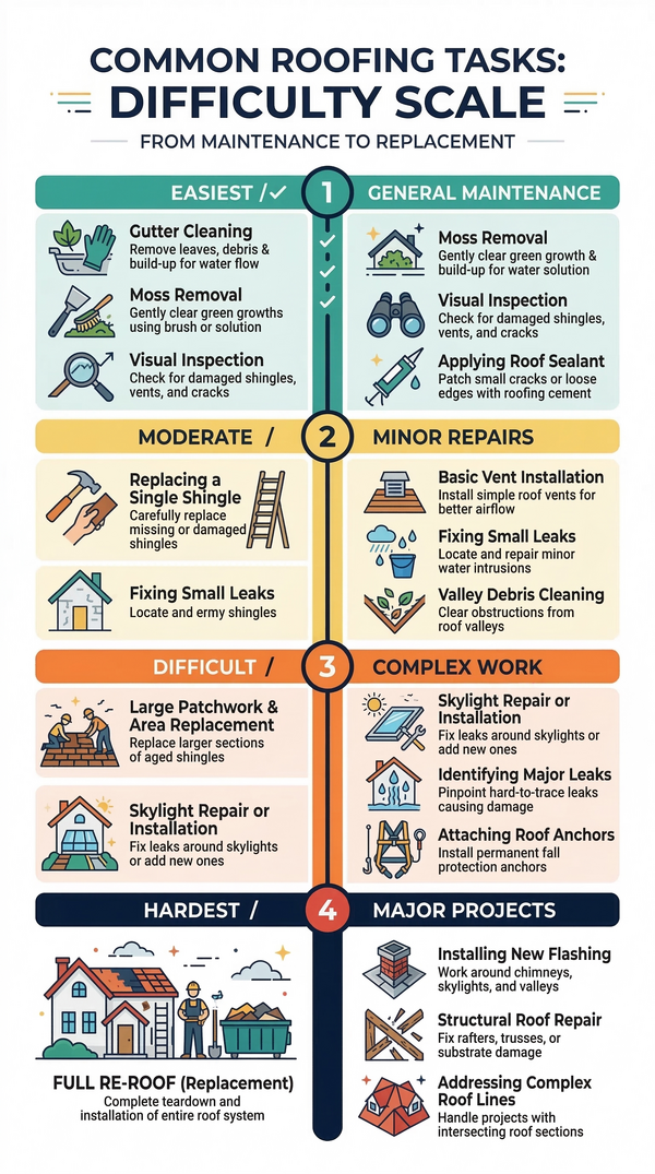 Chart showing roofing tasks ranked by difficulty from beginner to advanced