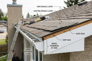 Cross-section of a roof edge showing two layers of asphalt shingles stacked on the deck