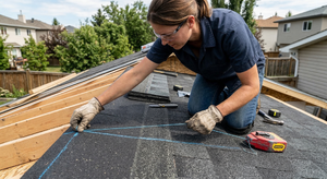 Snapping chalk lines on roof underlayment to guide straight shingle course alignment