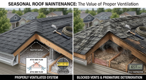 Side-by-side comparison of properly ventilated versus improperly ventilated attic showing effect on shingles