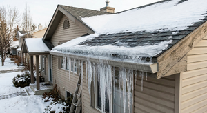 Ice dam formed along roof eave with icicles hanging from gutter