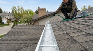 Flushing a cleaned gutter with a garden hose to check for proper water flow toward downspout