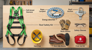 Essential roof safety equipment including harness, lanyard, anchor, hard hat, gloves, and non-slip boots