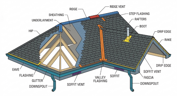 Labeled diagram of roof anatomy showing ridge, hip, valley, eave, rake, soffit, fascia, and flashing