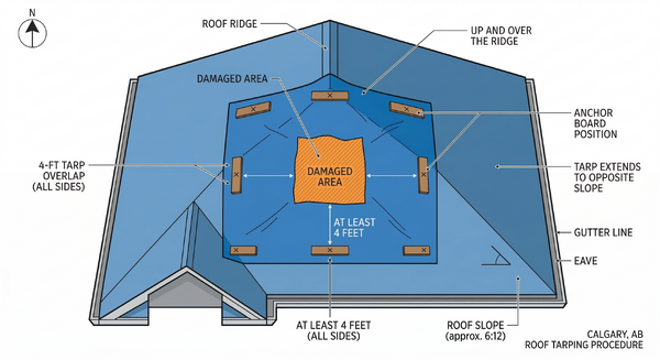 Diagram showing how far an emergency roof tarp should extend beyond the damaged area