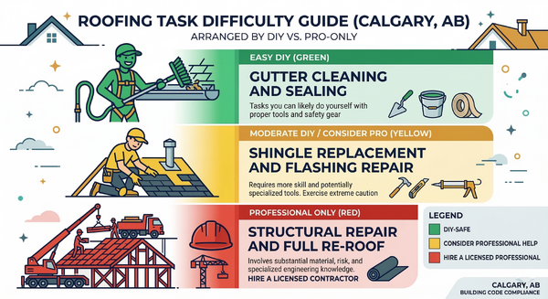 Visual difficulty scale rating common roofing tasks from easy DIY to professional only