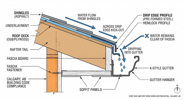 Cross-section diagram showing how drip edge channels water away from fascia into gutter