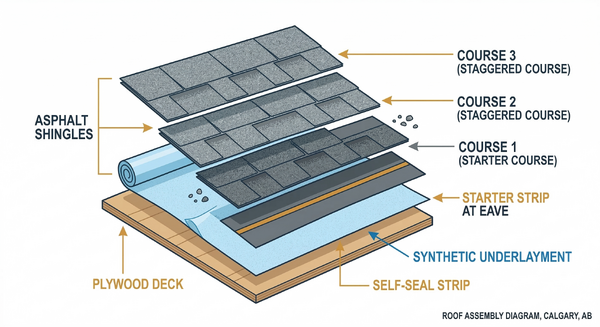 Exploded diagram showing shed roof layers from deck to shingles: sheathing, underlayment, starter strip, and field shingles
