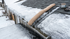 Calcium chloride filled stocking laid across an ice dam to melt a drainage channel