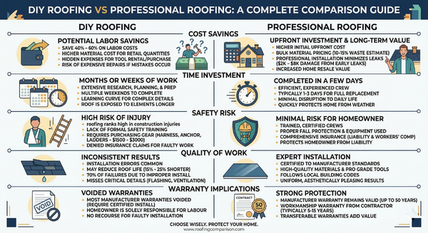 Infographic comparing DIY roofing versus hiring a professional roofer by cost, time, risk, and quality