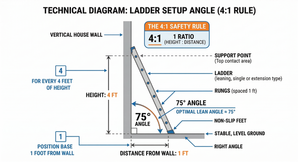 Diagram showing the 4-to-1 ladder safety rule with proper angle and base distance