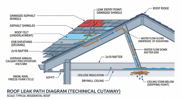 Diagram showing how water travels along rafters and sheathing before dripping to ceiling below
