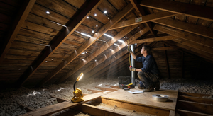 Daylight visible through gaps in roof sheathing as seen from inside the attic