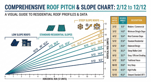 Reference chart showing common roof pitches from low slope to steep with angles and ratios