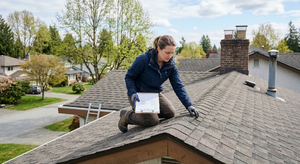 Homeowner inspecting roof shingles during spring maintenance check
