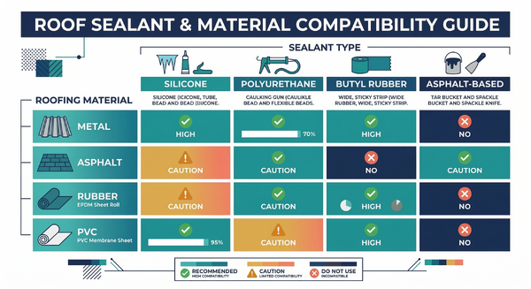 Compatibility chart showing which roofing sealants work with different materials and surfaces
