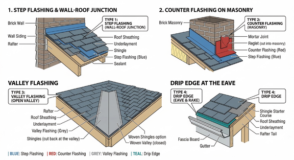 Diagram showing different types of roof flashing: step flashing, counter flashing, valley flashing, and drip edge