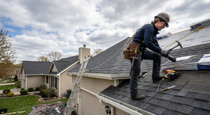 Homeowner standing on asphalt shingle roof with tool belt during DIY roof repair