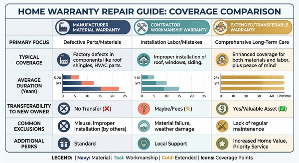 Comparison chart of manufacturer, workmanship, and extended roof warranty types