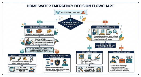 Flowchart guiding homeowners through emergency roof repair triage steps from discovery to temporary fix