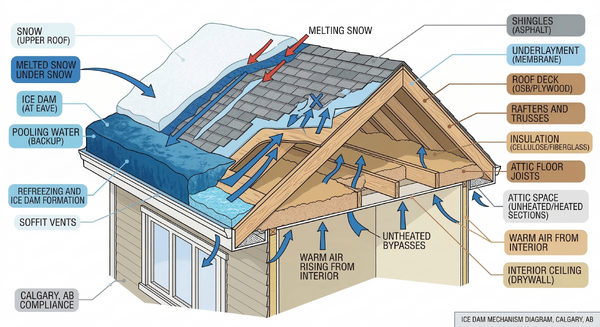 Diagram showing how ice dams form through the heat loss, snowmelt, and refreeze cycle on a roof