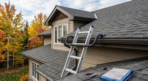Ladder stabilizer attachment resting on roof edge to protect gutter from ladder damage