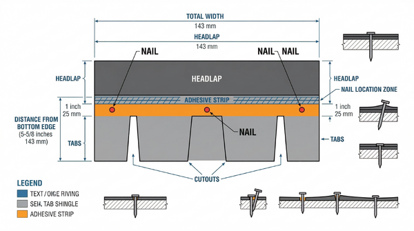 Diagram showing correct nail placement pattern on an asphalt shingle with four nail positions marked
