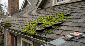 Heavy moss and algae growth covering asphalt roof shingles