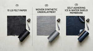 Three types of roof underlayment side by side: felt paper, synthetic underlayment, and peel-and-stick ice and water shield