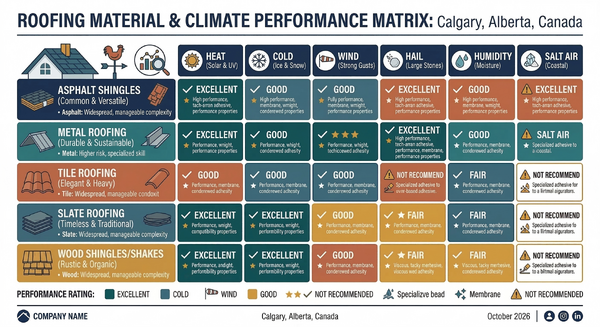 Chart comparing how different roofing materials perform across various climate conditions