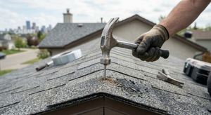 Nailing a ridge cap shingle at the proper location on the roof ridge with exposed nails covered by next piece
