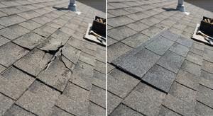 Before and after photos of a damaged asphalt shingle repair showing cracked shingle replaced with new one