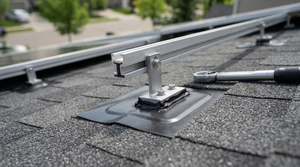 Close-up of solar panel mounting bracket and flashing where it penetrates the roof surface