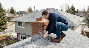 Homeowner closely inspecting roof flashing around a chimney during spring maintenance check