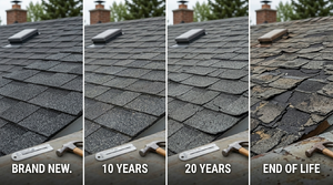 Progression showing asphalt shingle aging from new to end of life with visible deterioration stages