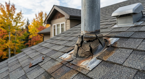 Cracked and deteriorated rubber boot around a plumbing vent pipe on a roof